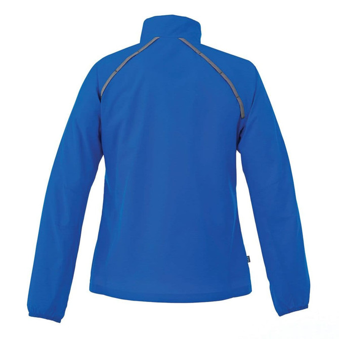 A blue women's packable rain jacket featuring a high collar and reflective detail on the back. It has a logo.