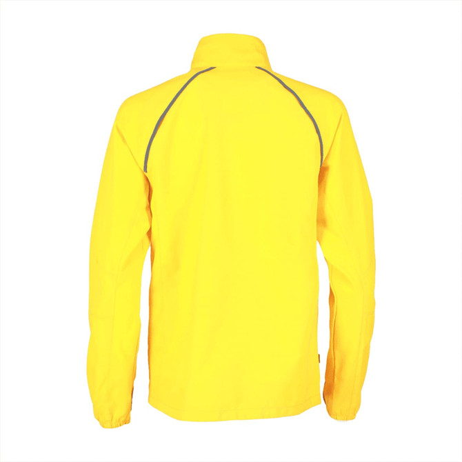 A bright yellow women's rain jacket featuring a half-zip collar and a reflective trim, with a logo on the back.
