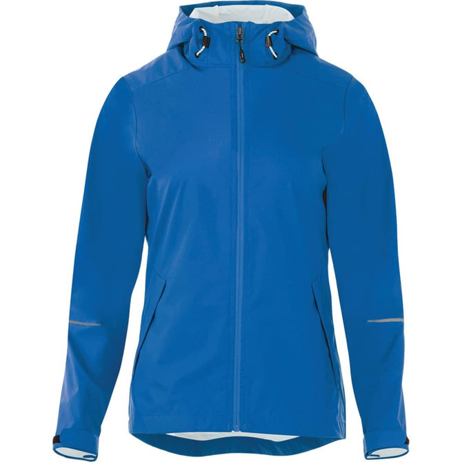 A blue women's rain jacket featuring a hood, zip closure, and logo detail.