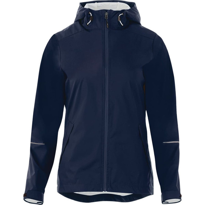 A women's rain jacket in navy blue with a hood, featuring zippers and reflective trim. It includes a brand logo.