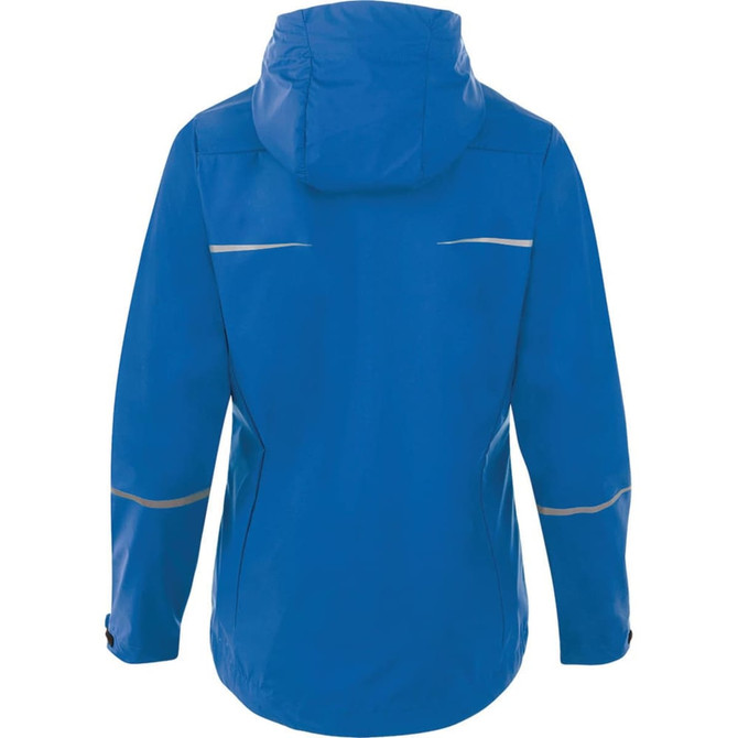 A blue women's rain jacket with a hood and reflective detailing on the back. It features a logo.