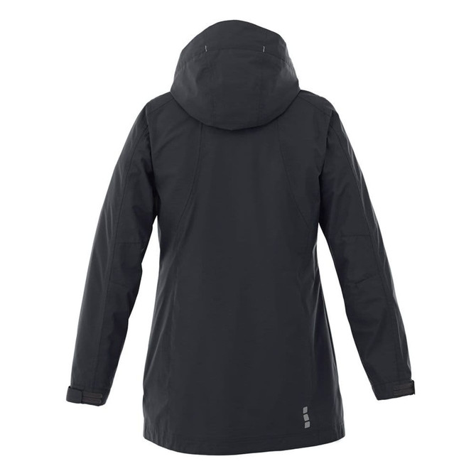 A women's rain jacket in black with a hood, featuring a logo on the back.
