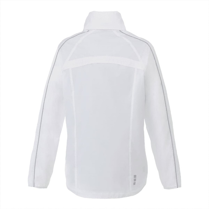 A white women's rain jacket with a collar, featuring a minimalist design and reflective detailing.