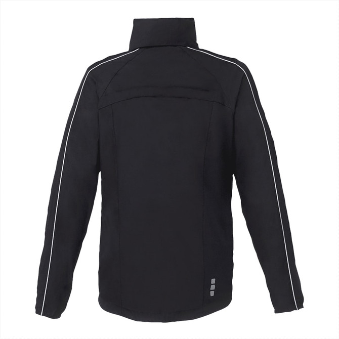 A black women's rain jacket with reflective detailing and a high collar, featuring a logo on the back.
