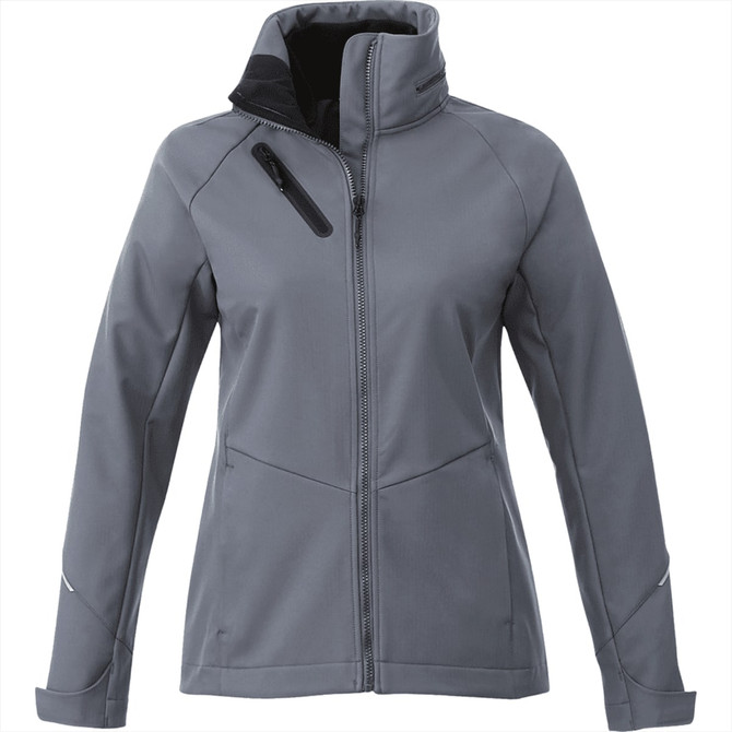 A women's grey Peyto softshell jacket featuring a zippered front and high collar, with a logo on the chest.