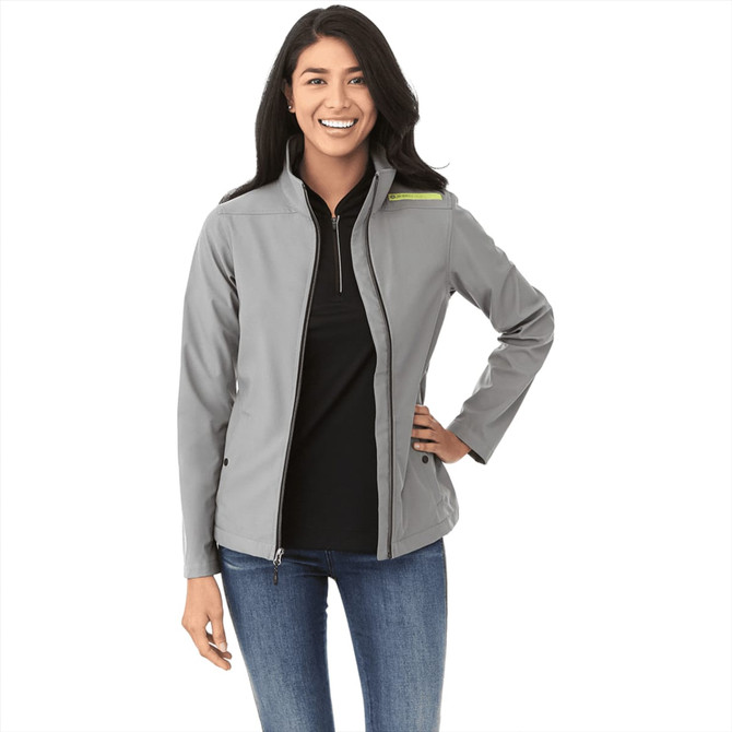 A women's softshell jacket in grey with a zip front and stand collar, featuring a logo on the shoulder.