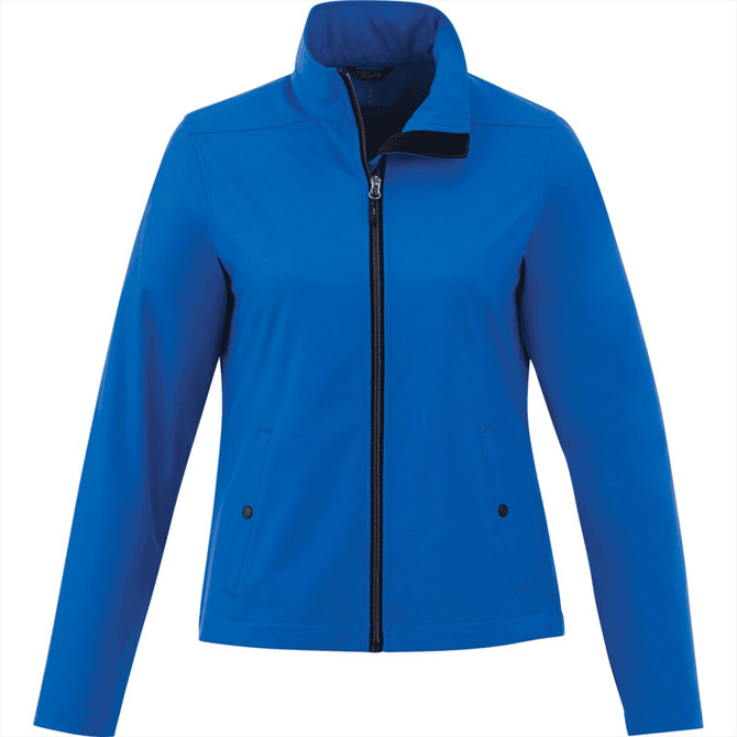 A women's softshell jacket in bright blue with a zip front and side pockets. It features a collar and has a logo.