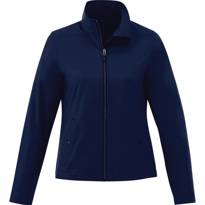 A women's navy softshell jacket featuring a zip closure and side pockets, with a collar and a logo.
