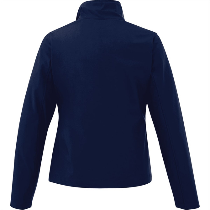 A navy blue women's softshell jacket with a high collar and long sleeves, featuring a logo.