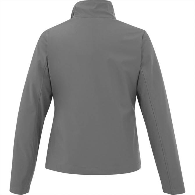 A women's soft shell jacket in grey, featuring a high collar and long sleeves. It has a logo on the back.