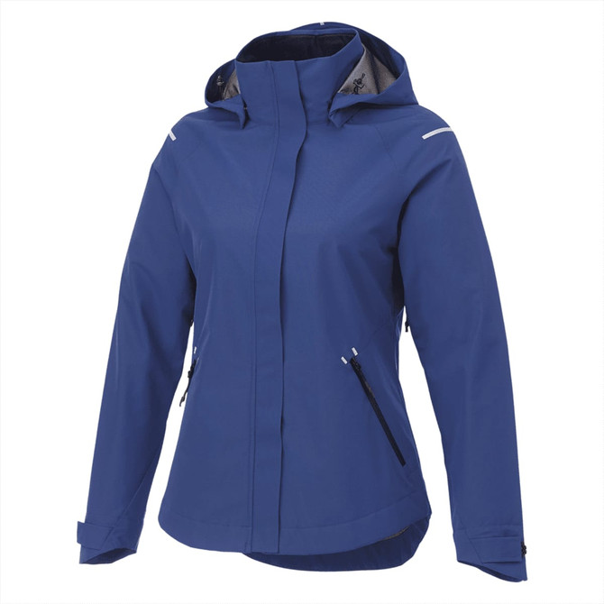 A blue women's softshell jacket with a hood, featuring zippered pockets and a logo.