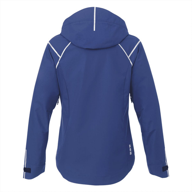 A women's softshell jacket in navy blue, featuring a hood and reflective detailing. The jacket has one logo.