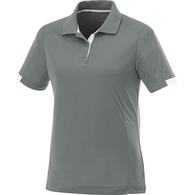 A women's short sleeve polo shirt in a soft green hue, featuring a subtle texture and a branded logo.