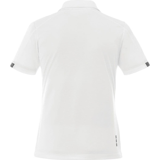A white women's short sleeve polo shirt with a logo and contrasting details on the sleeves.