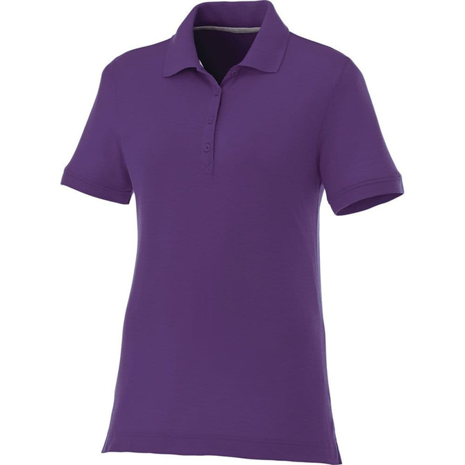A purple women's short sleeve polo shirt with a collar and buttons, featuring a logo.