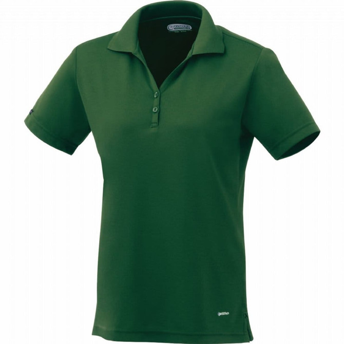 A women's short sleeve polo shirt in dark green, featuring a collar and a logo.