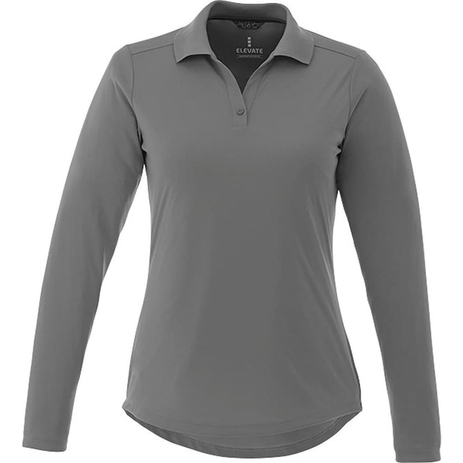 A women's long sleeve polo shirt in grey, featuring a collar and a logo.