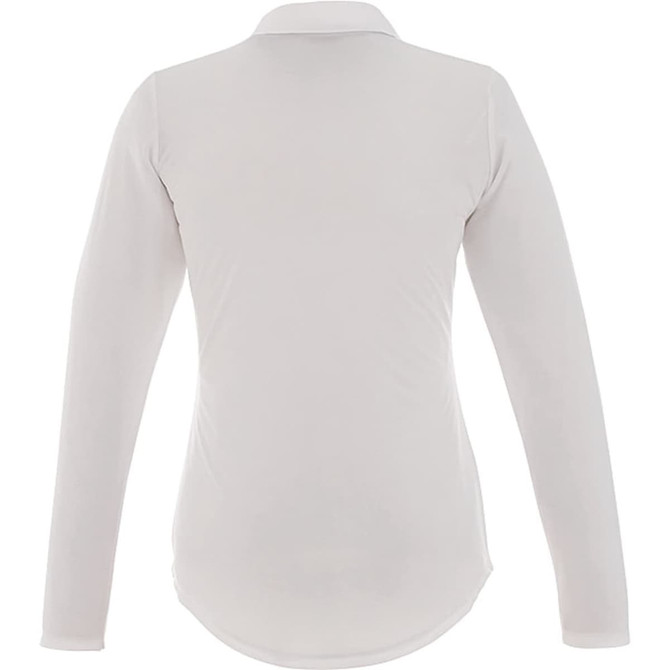 A women's long sleeve polo shirt in a light grey colour, featuring a collar and a subtle logo.