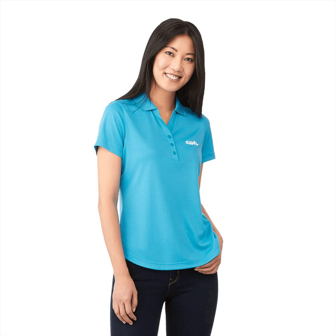 A turquoise women's polo shirt with a logo, featuring a short sleeve design and a collared neckline.
