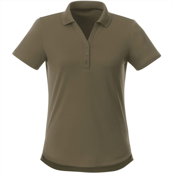 A women's short sleeve polo shirt in olive green with a collared neckline and button placket. It features a logo.