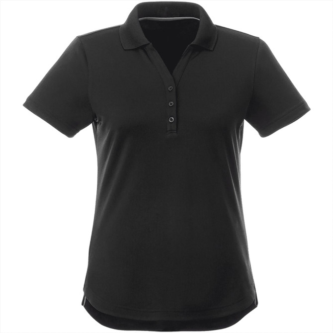 A black women's polo shirt with short sleeves and a collar, featuring a button placket and a subtle logo.