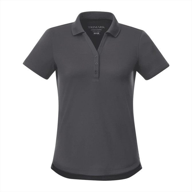 A women's short sleeve polo shirt in dark grey with a collar and button placket, featuring a logo.