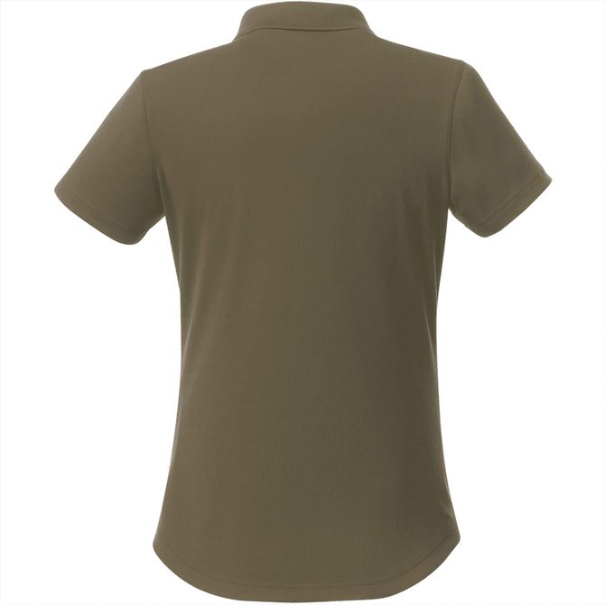 A women's short sleeve polo shirt in olive green, featuring a classic collar and a smooth finish on the back.