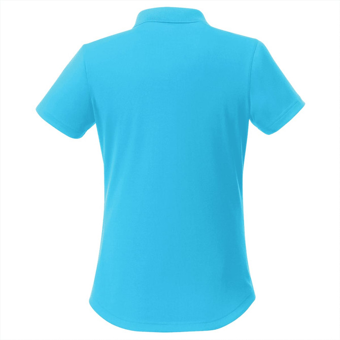 A women's short sleeve polo shirt in bright blue, featuring a collar and a logo on the back.