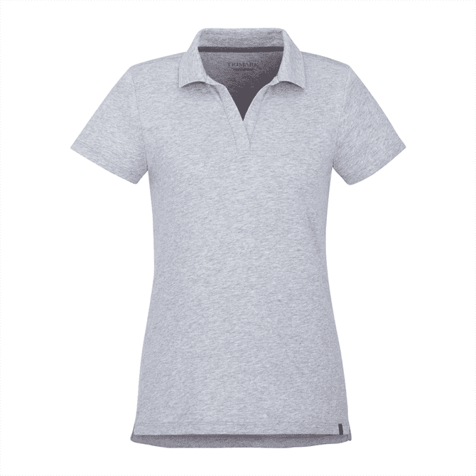 A grey women's polo shirt with a short sleeve, featuring a collar and a logo on the side.