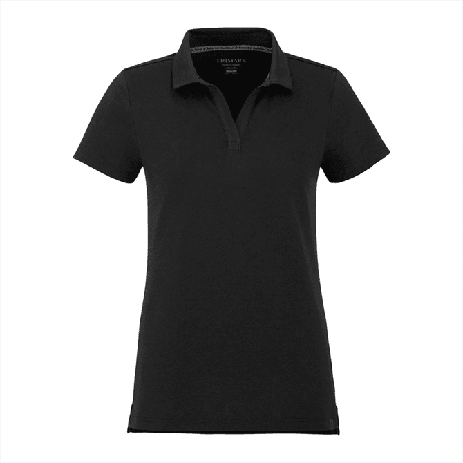 A black women's polo shirt with a collar, featuring short sleeves and a logo.