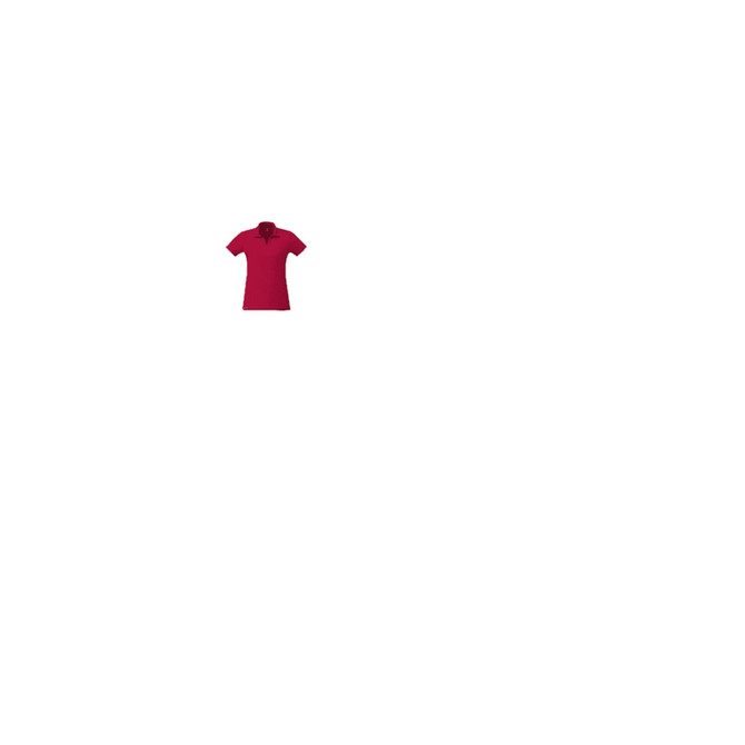 A red women's polo shirt featuring a collar and short sleeves, with a logo on the front.