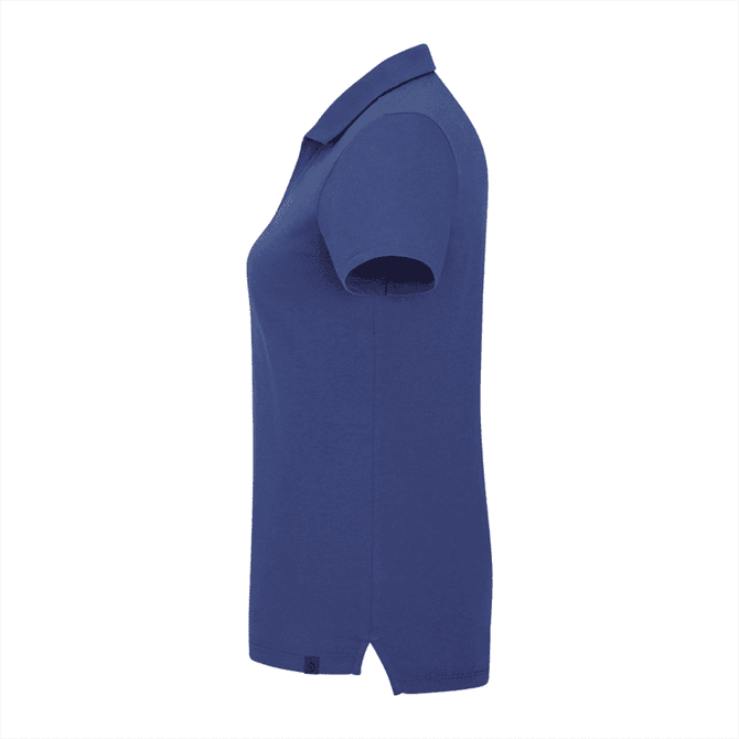 A women's short sleeve polo shirt in navy blue with a collar and side vents, featuring a branding logo.