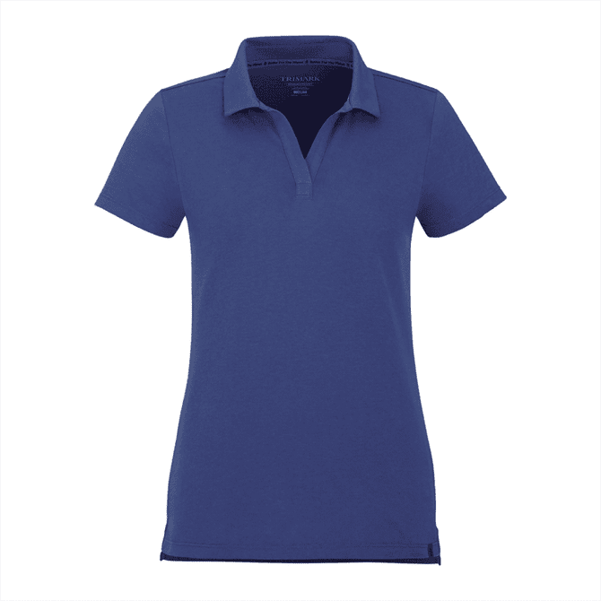 A women's short sleeve polo shirt in navy blue, featuring a collar and a logo.