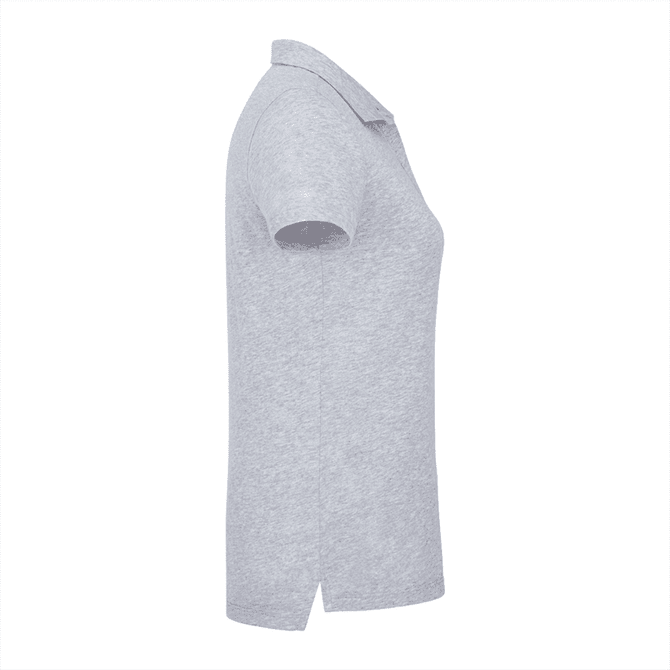 A women's short sleeve polo shirt in grey, featuring a classic collar and a logo.