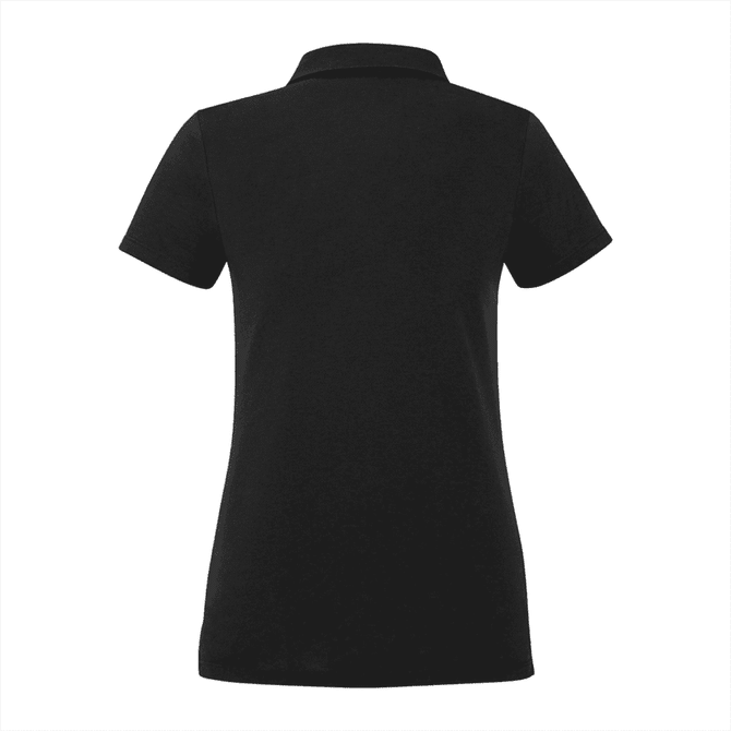 A black women's polo shirt with short sleeves and a classic collar, featuring a logo.