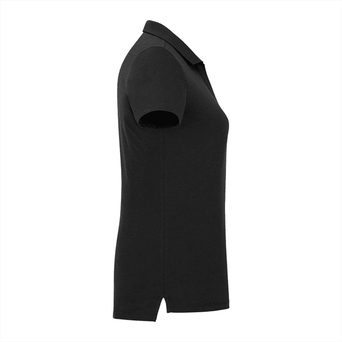 A black women's short sleeve polo shirt with a classic collar and a side slit design. It features a logo on the chest.