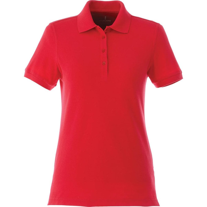 A red women's polo shirt with short sleeves and a logo on the collar.