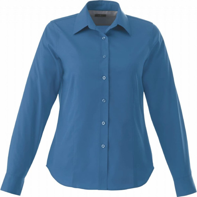 A women's Wilshire long sleeve button-up shirt in a vibrant blue colour with a classic collar and a logo.