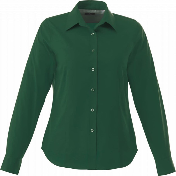 A green button-up long sleeve shirt for women with a collar and buttons. It features a logo on the fabric.