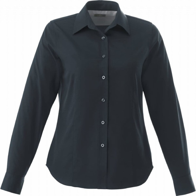 A dark green women's button-up shirt with long sleeves and a collar, featuring a logo on the chest.