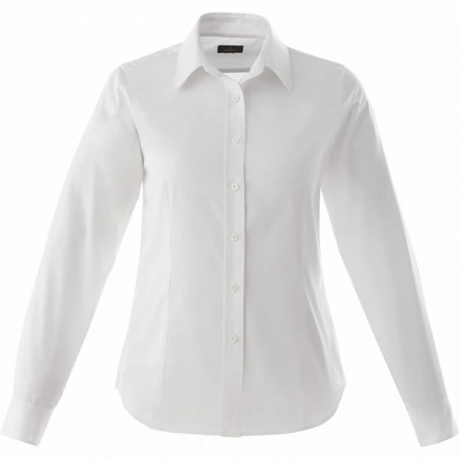 A white button-up long sleeve shirt for women, featuring a collar and a branded logo.