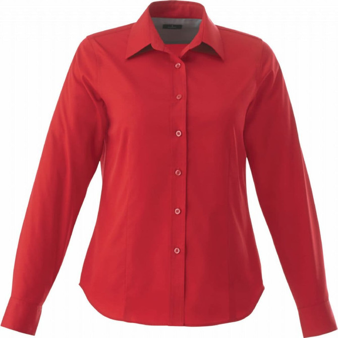A red women's button-up shirt with long sleeves and a collar, featuring a single logo.