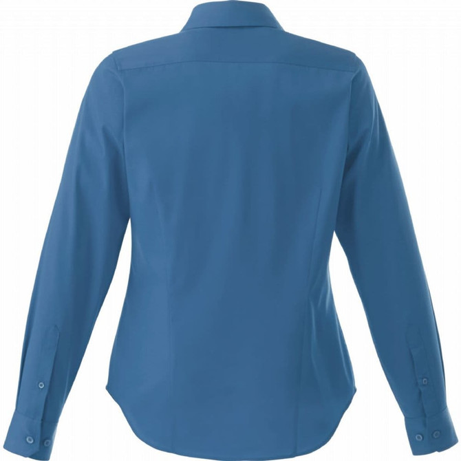 A women's long sleeve button-up shirt in a blue colour, featuring a collar and buttoned cuffs, with a logo present.