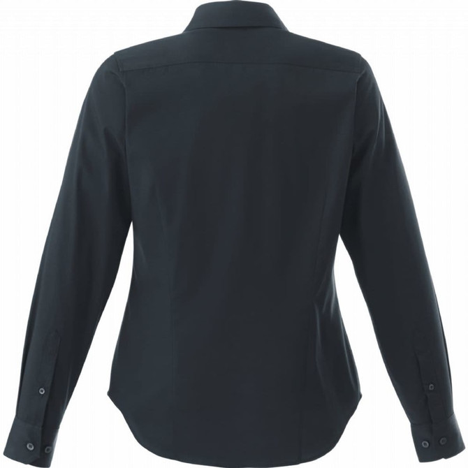 A women's long sleeve button-up shirt in dark green, featuring a back yoke and button cuffs. Includes a logo.