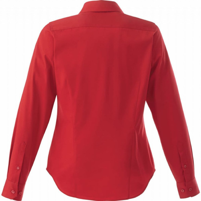A red women's long sleeve button-up shirt with a collar and cuffs, featuring a brand logo.