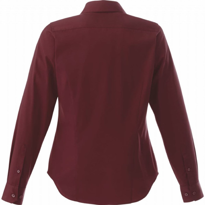 A burgundy women's button-up shirt with long sleeves and a collar, featuring a logo. View of the back.