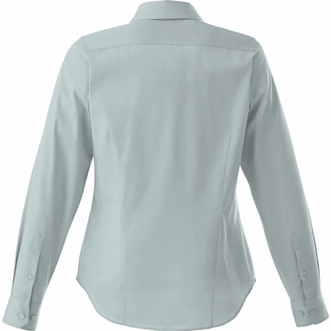 A women's long sleeve button-up shirt in a soft mint green shade, featuring a classic collar and button cuffs.
