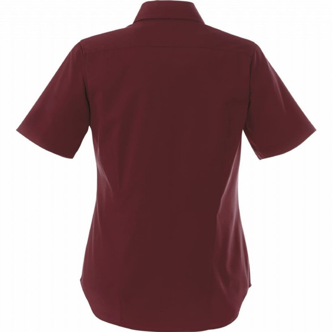 A maroon short sleeve button-up shirt with a collar and a single branding logo on the back.