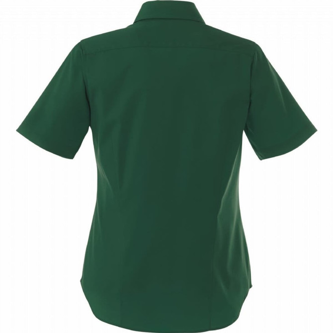 A women's button-up shirt in dark green with short sleeves and a collared neckline, featuring a logo.