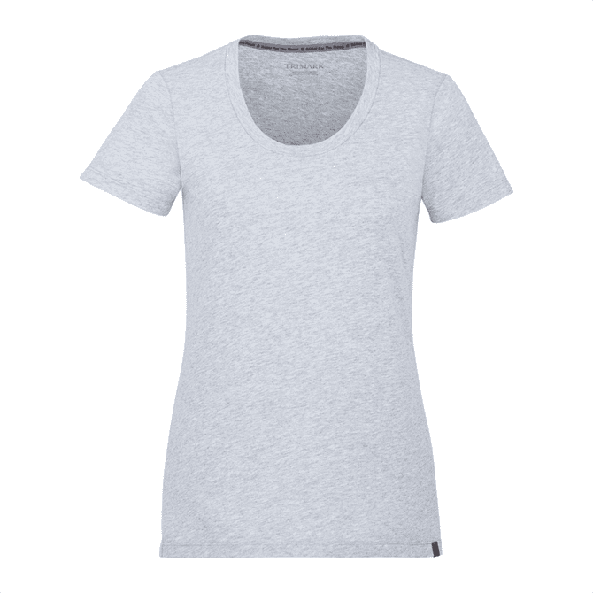 A light grey women's short sleeve t-shirt with a round neckline and a small logo detail.